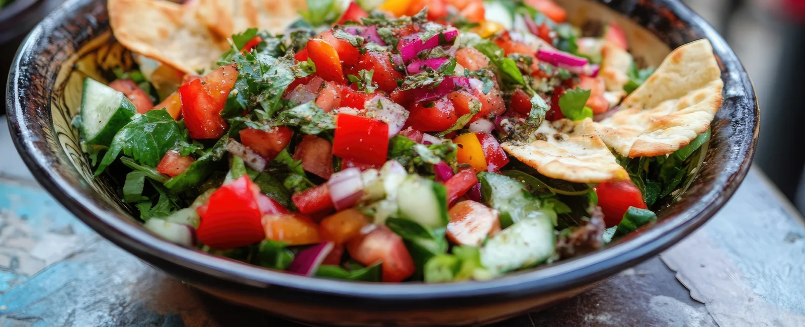 Fattoush salad with fresh vegetables and toasted pita