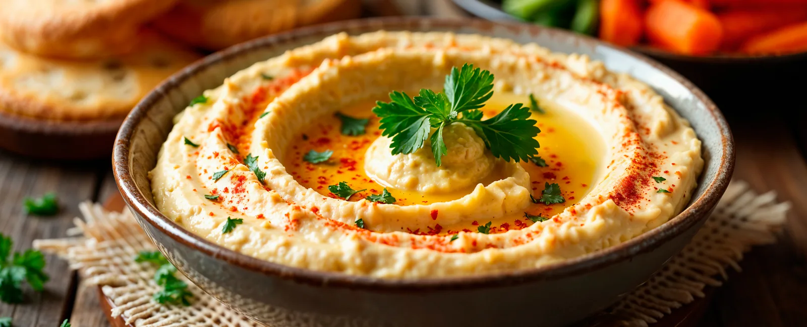 Creamy hummus with olive oil, paprika, parsley, and pita