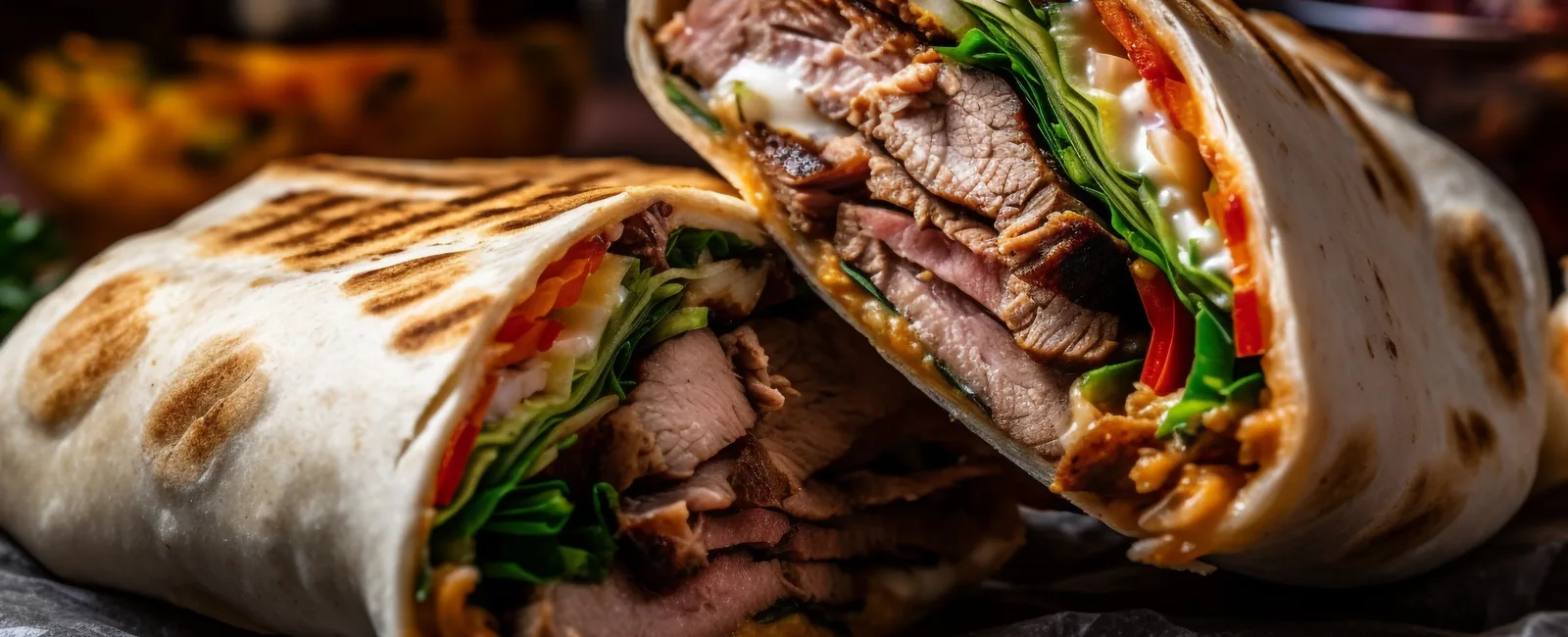 Grilled wrap sandwich filled with meat and vegetables