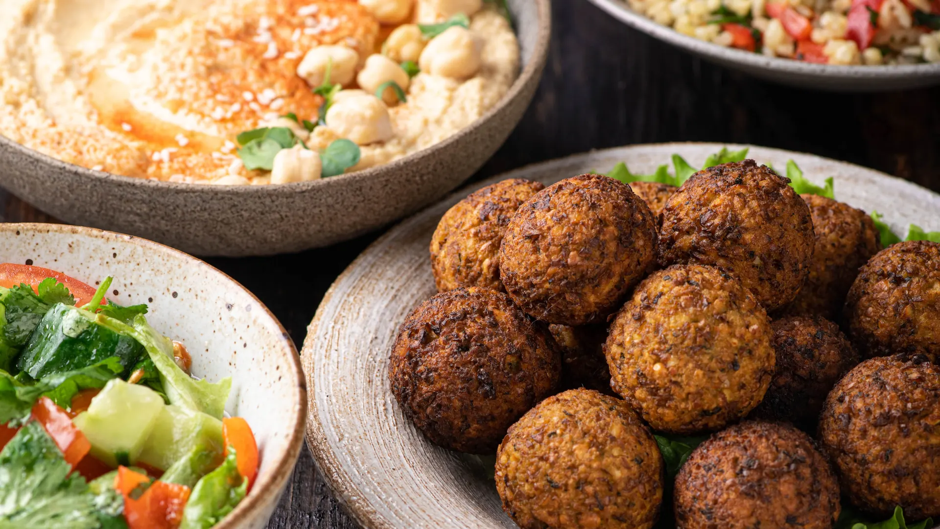 Falafel, hummus, tabouleh, pita, and fresh Lebanese mezze